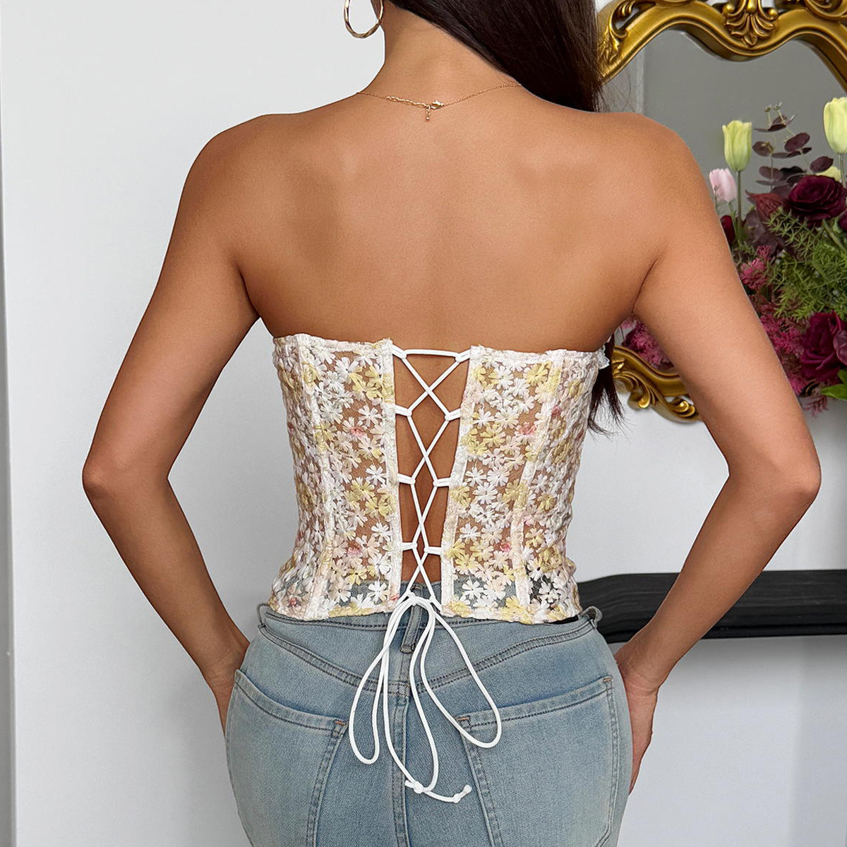 Vintage Floral Lace Corset Top Strapless Embroidery Corset Women Slim Tank Top